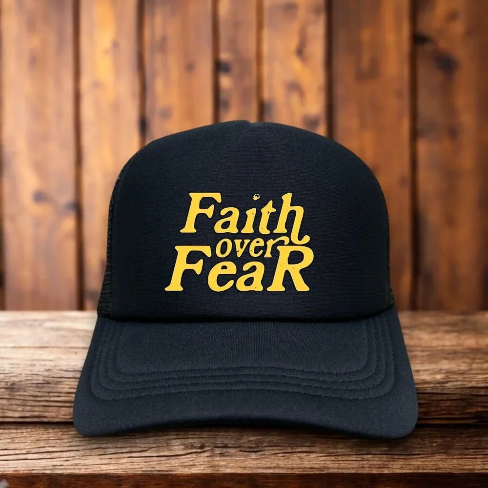 Faith Over Fear Mens Trucker Hat Black Christian Inspiration Blessed God Cap